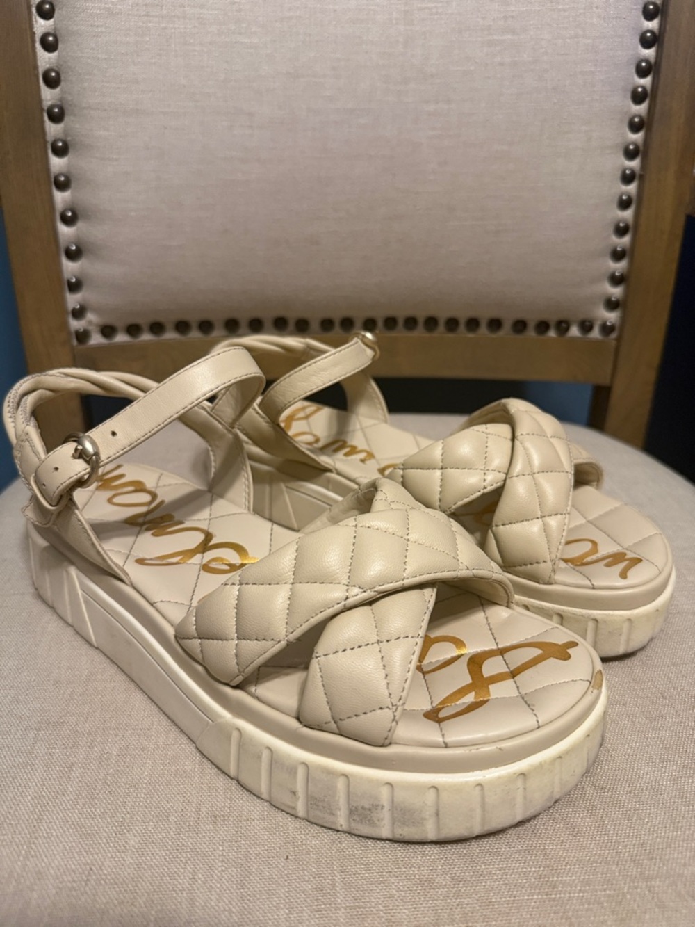 Sam Edelman Cream “Gavril” Quilted Leather Platform Sandals, Size 8M